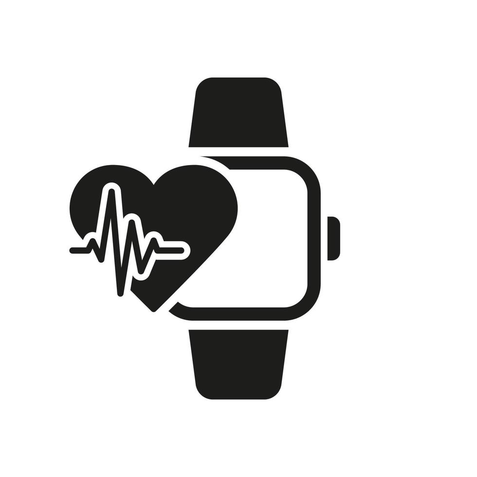 aplicación de reloj inteligente para el icono de silueta de control de pulso cardíaco. pictograma de glifo de pulsera de fitness portátil. dispositivo de cardiología del latido del corazón. icono de reloj inteligente electrónico. ilustración vectorial aislada. vector