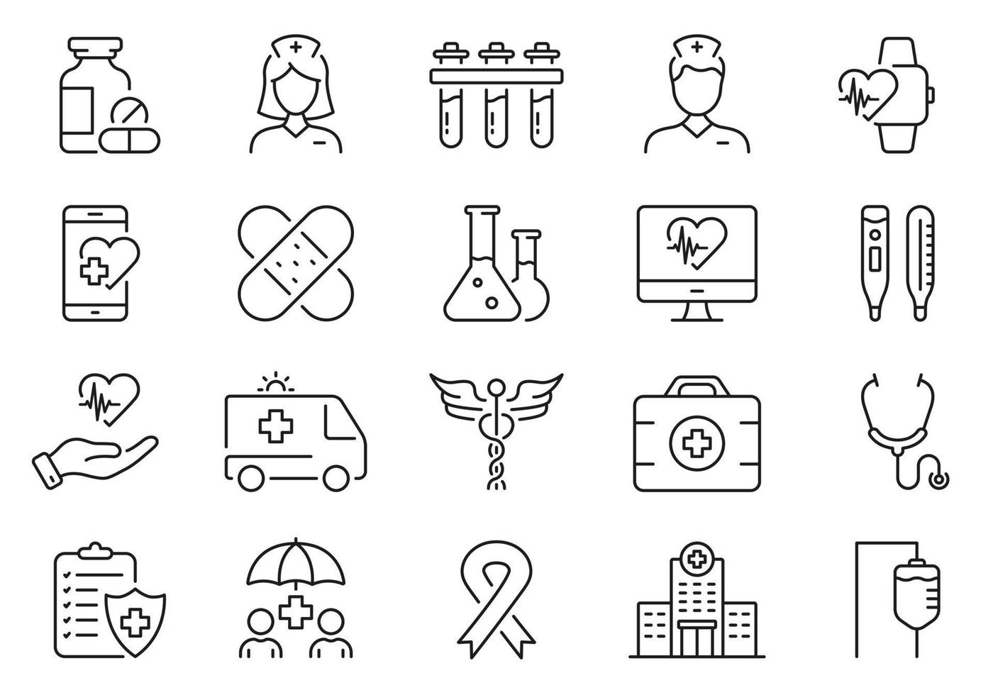 Medical Line Icon Set. Hospital Linear Pictogram. Pharmacy Clinic, Medicine Treatment Outline Icon. Emergency First Aid. Healthcare Equipment Symbol. Editable Stroke. Isolated Vector Illustration.