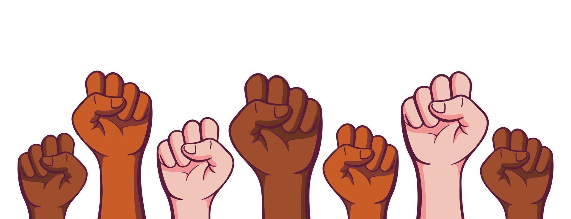People hands raised with clenched fists, isolated on a white background. vector
