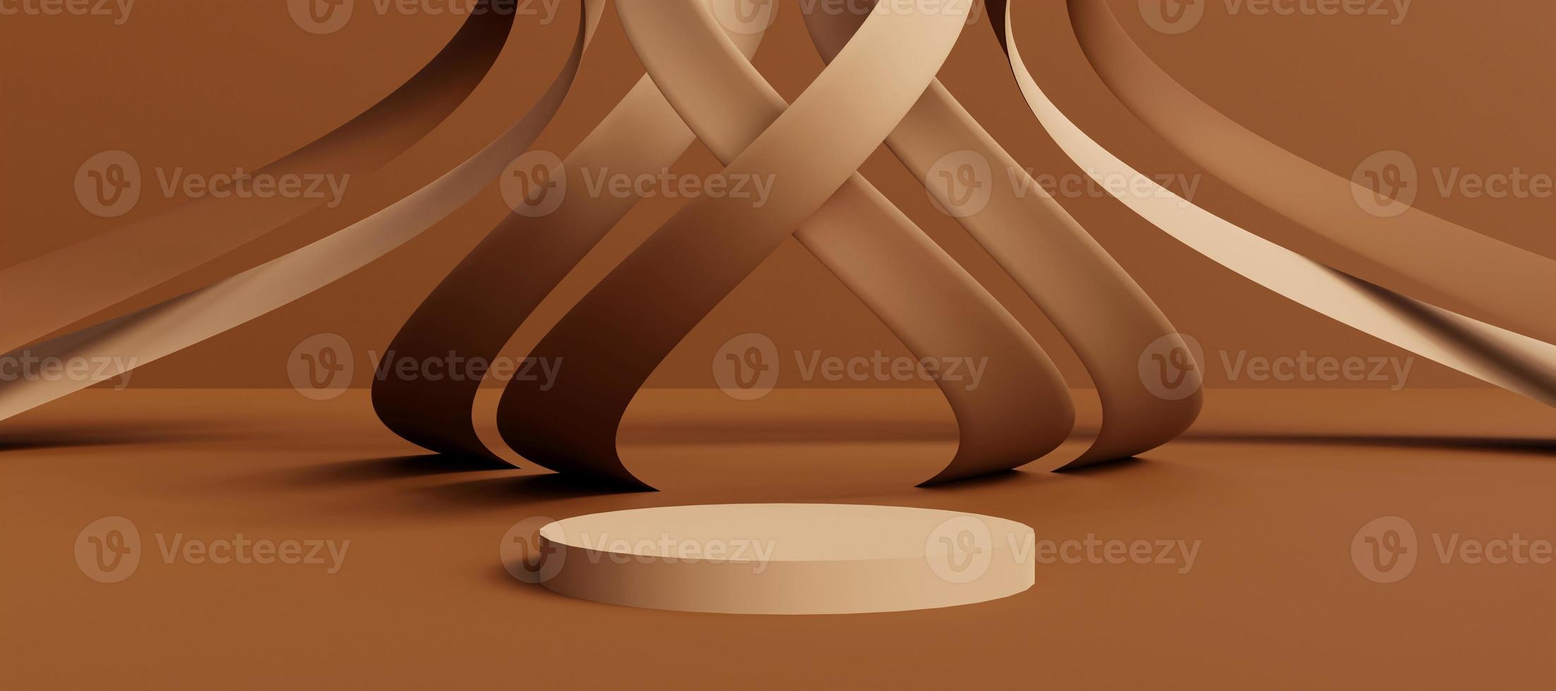 Brown cylinder podium with decorative objects background.  Stand to show products. Modern pedestal display with copy space. Banner size. Website cover template. 3D rendering. photo
