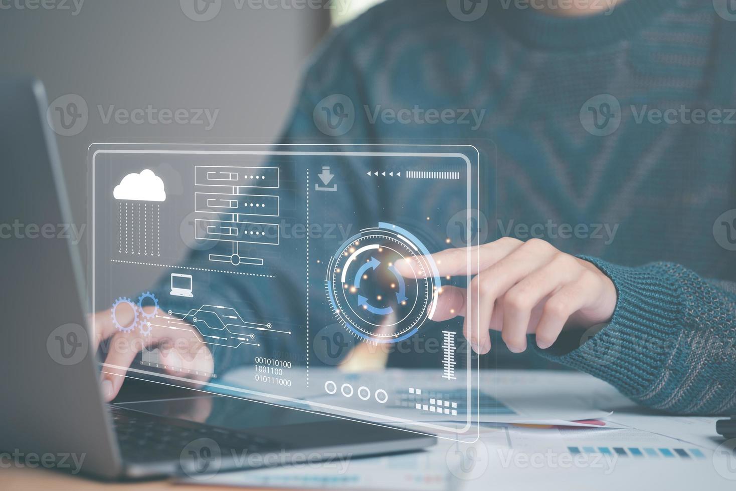 Software upgrade and update concept,Optimization in the new version and improve security,hardware upgrade technology always up to date,Male hand pointing at virtual icon photo