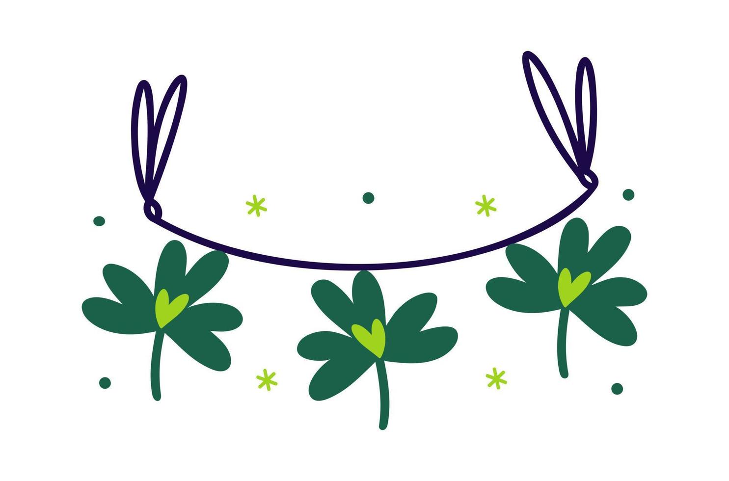 Shamrock holiday garland. Green clover leaves with a heart hang on a ribbon. Irish symbol of good luck, fortune, profit. Isolated on white. Cartoon clipart for cards to St. Patrick's Day, posters, web vector