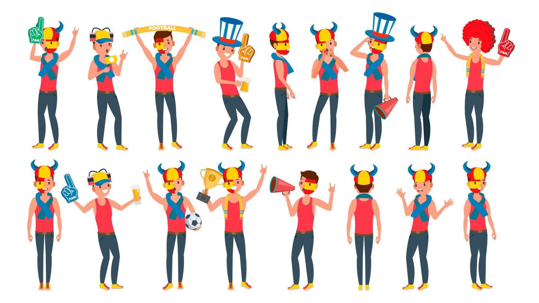 Sports Fan Vector. Outfits Shouting. Cheering At The Stadium. Different Poses. Isolated Flat Cartoon Character Illustration vector