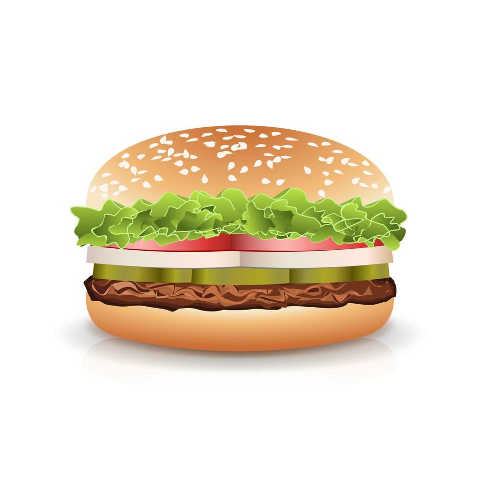 Fast Food Realistic Burger Vector. Hamburger Fast Food Sandwich Emblem Realistic Isolated On White Background Illustration vector