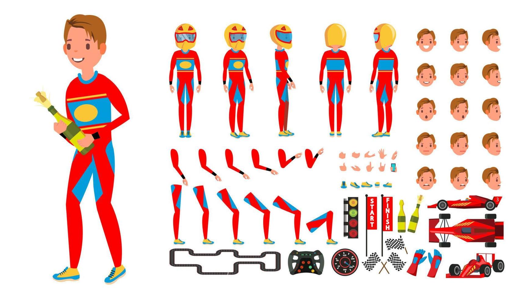 Sport Car Racer Male Vector. Red Uniform. Rally Race Car Driver. Animated Character Creation Set. Man Full Length, Front, Side, Back View. Auto Drawing Accessories, Emotions, Gestures. Illustration vector