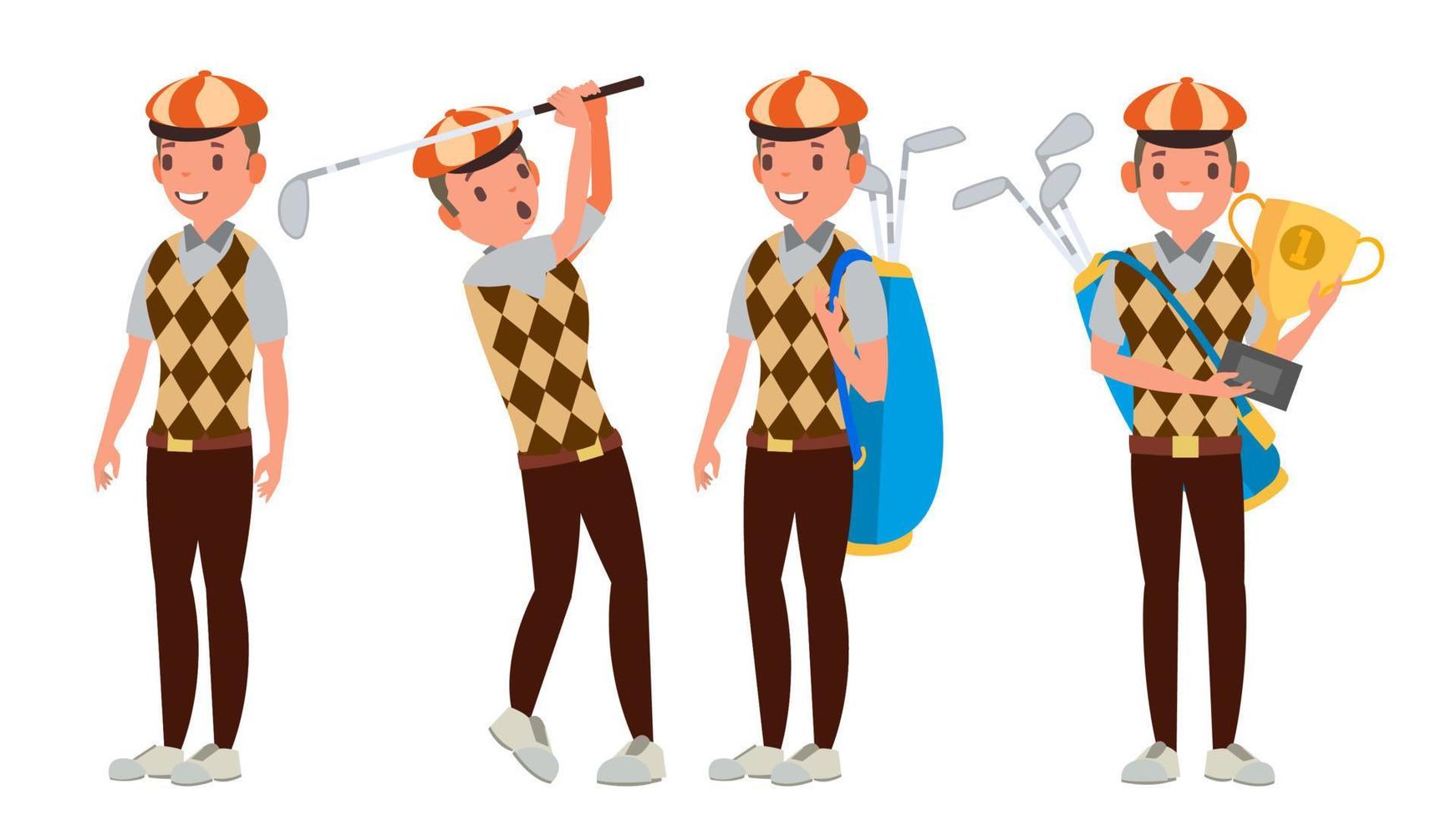 vector de jugador de golf profesional. jugando al golfista masculino. poses diferentes aislado en blanco ilustración de personaje de dibujos animados