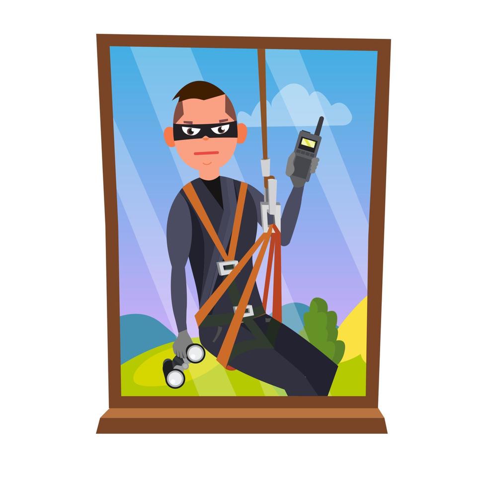 Thief And Window Vector. Breaking Into House Through Window. Insurance Concept. Burglar, Robber In Mask, Thief, Robbery, Purse. Isolated Flat Cartoon Illustration vector