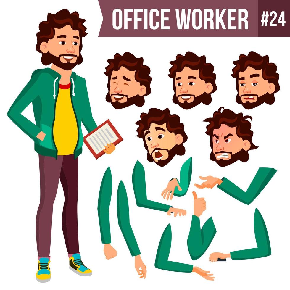 vector de trabajador de oficina. conjunto de creación de animación. hombre de negocios adulto. oficial corporativo exitoso, empleado, sirviente. ilustración de personaje plano aislado