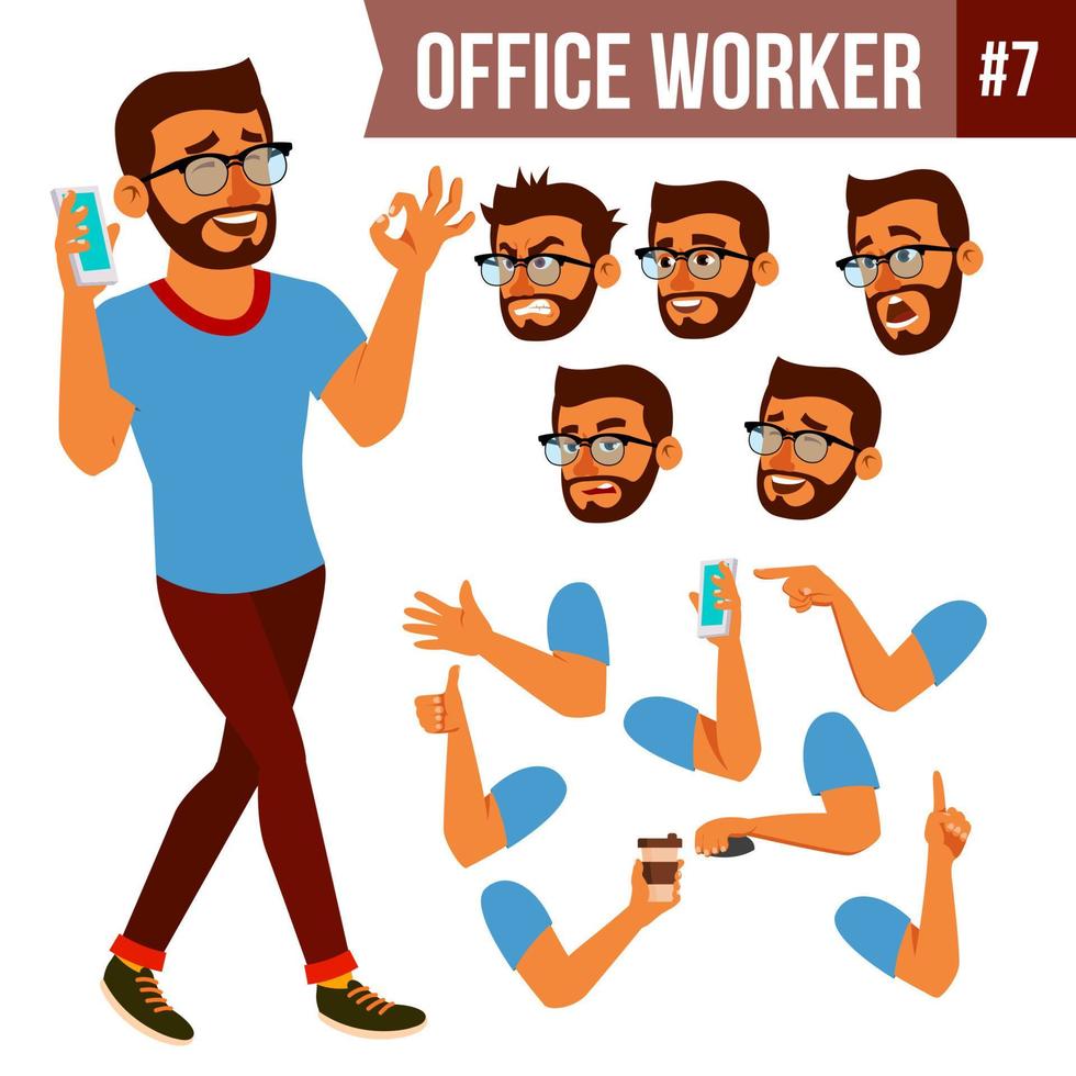 Office Worker Vector. Face Emotions, Various Gestures. Animation Creation Set. Business Man. Professional Cabinet Workman, Officer, Clerk. Isolated Cartoon Character Illustration vector
