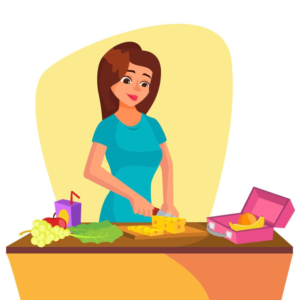 Lunch Box Vector. Young Woman Making Lunch In The Morning. Mother Making Breakfast For Children. Healthy Food. Isolated Flat Cartoon Character Illustration vector
