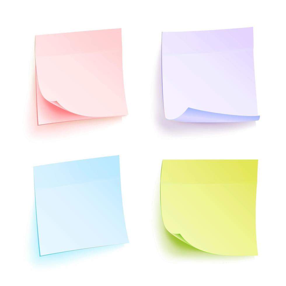notas de trabajo en papel vector aislado. conjunto de hojas de colores de papeles de notas. cuatro notas adhesivas brillantes.