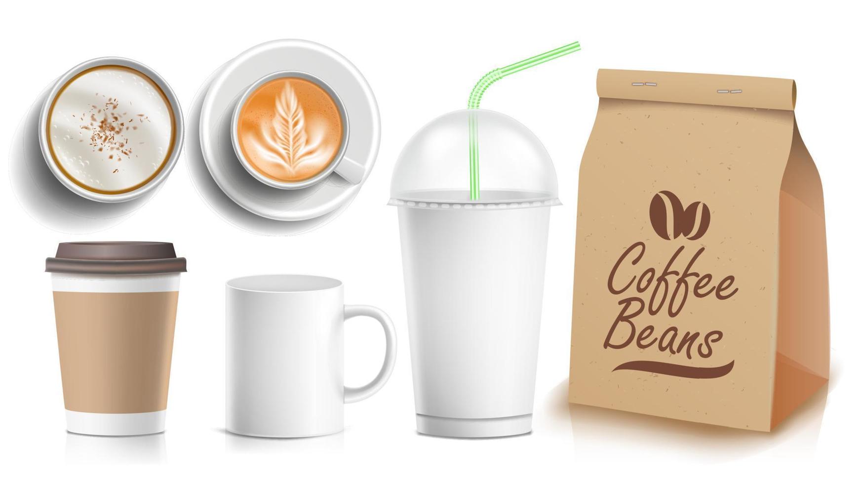 Coffee Packaging Template Design Vector. White Coffee Mug. Ceramic And Paper, Plastic Cup. Top, Side View. Blank Foil Packaging. Isolated Illustration vector