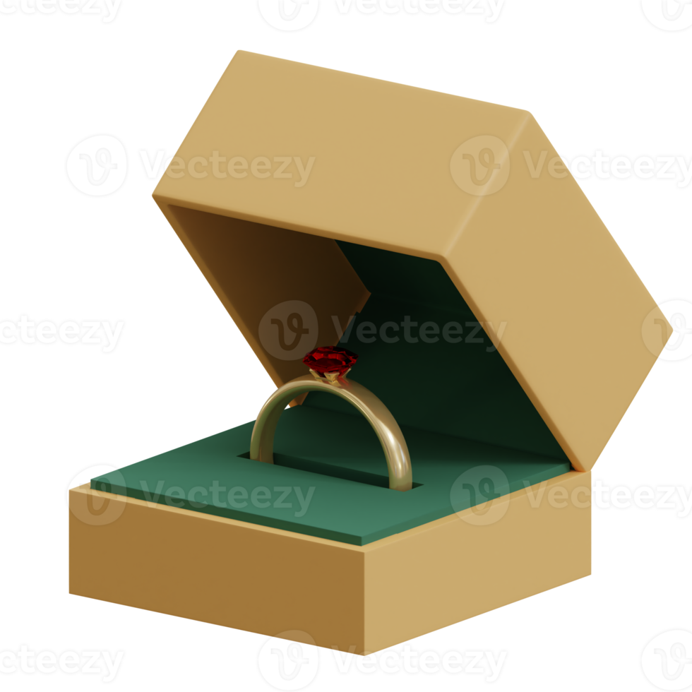 3d rendered golden ring with a red diamond in a box perfect for valentine's design project png