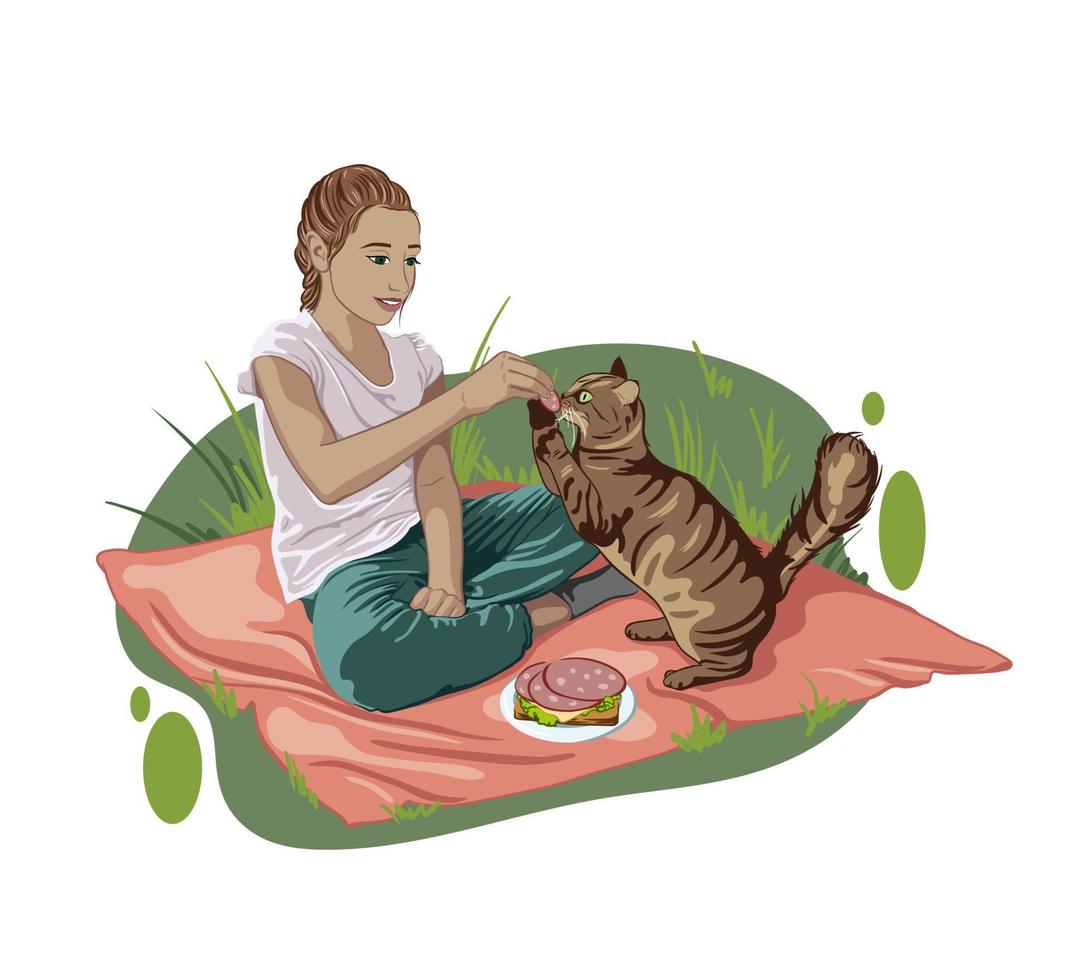 girl on a picnic feeds a cat with a piece of sausage. pets day vector