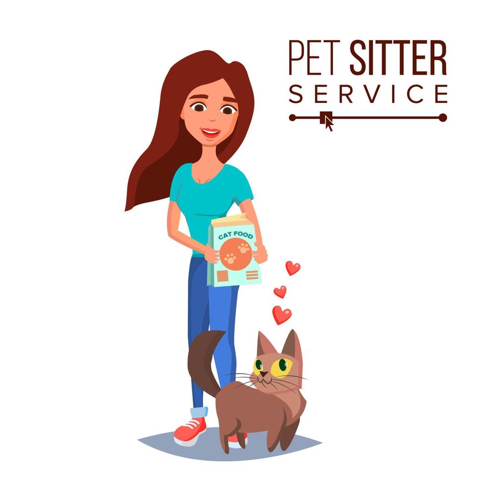 Cat Pet Sitter Vector. Cat Sitter Walking. Pet Taking A Rest. Cartoon Character Illustration vector