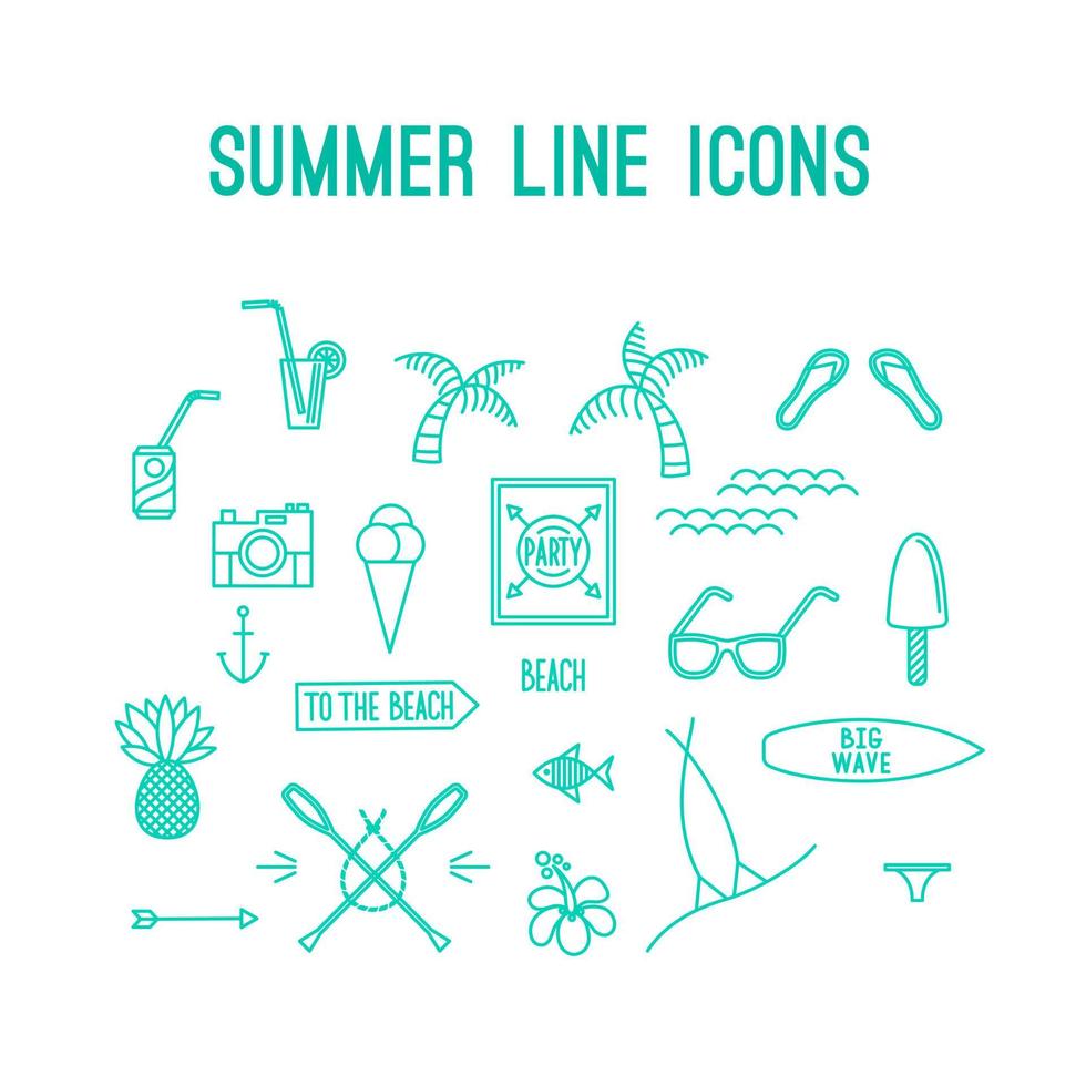 conjunto de iconos y elementos de la línea de verano y playa vector
