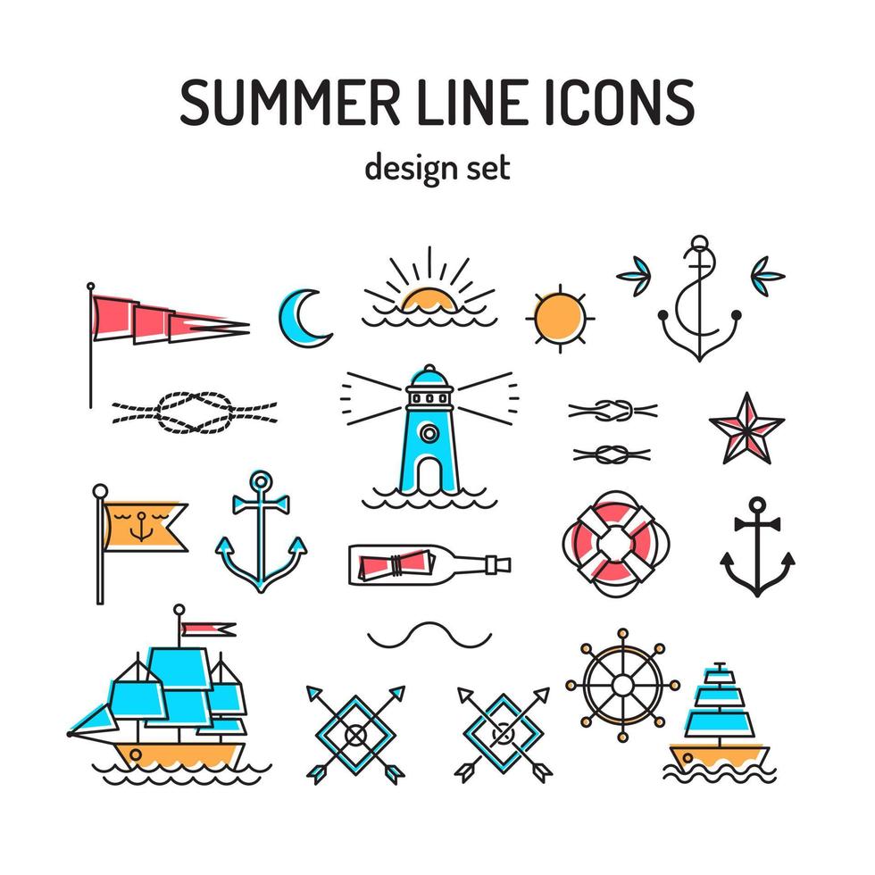 Set of summer and beach line icons and elements vector