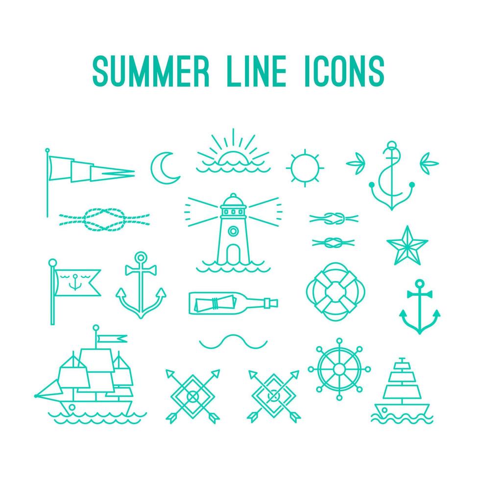 Set of summer and beach line icons and elements vector