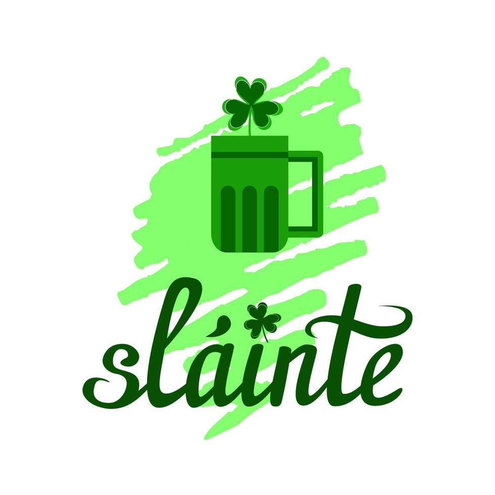 Gaelic wish of health, Slainte, toast for Irish party, celebration. Hand drawn lettering with beer mug, shamrock leaf, marker scribble background. Design for prints vector