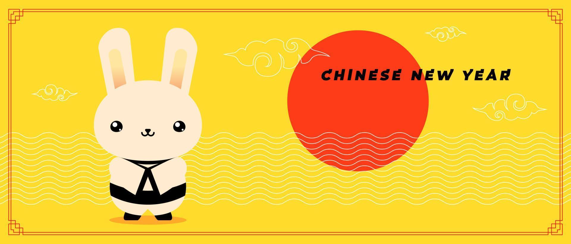 Chinese New year of rabbit horizontal banner. Greeting card of China traditional annual zodiac symbol hare on yellow. Asian trendy abstract design poster template to oriental calendar 2023. Vector