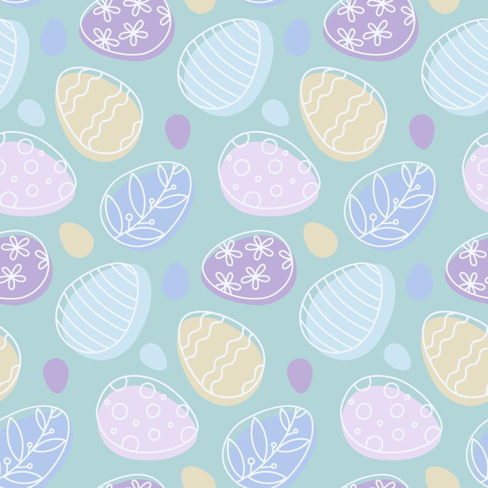 Easter eggs doodle seamless pattern. Pastel colored ornate cartoon outline eggs on green background. vector