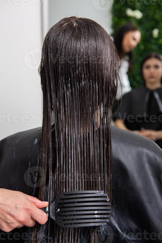 el peluquero aplica una máscara para el cabello al cabello negro liso. cuidado del cabello en el salón de belleza. foto