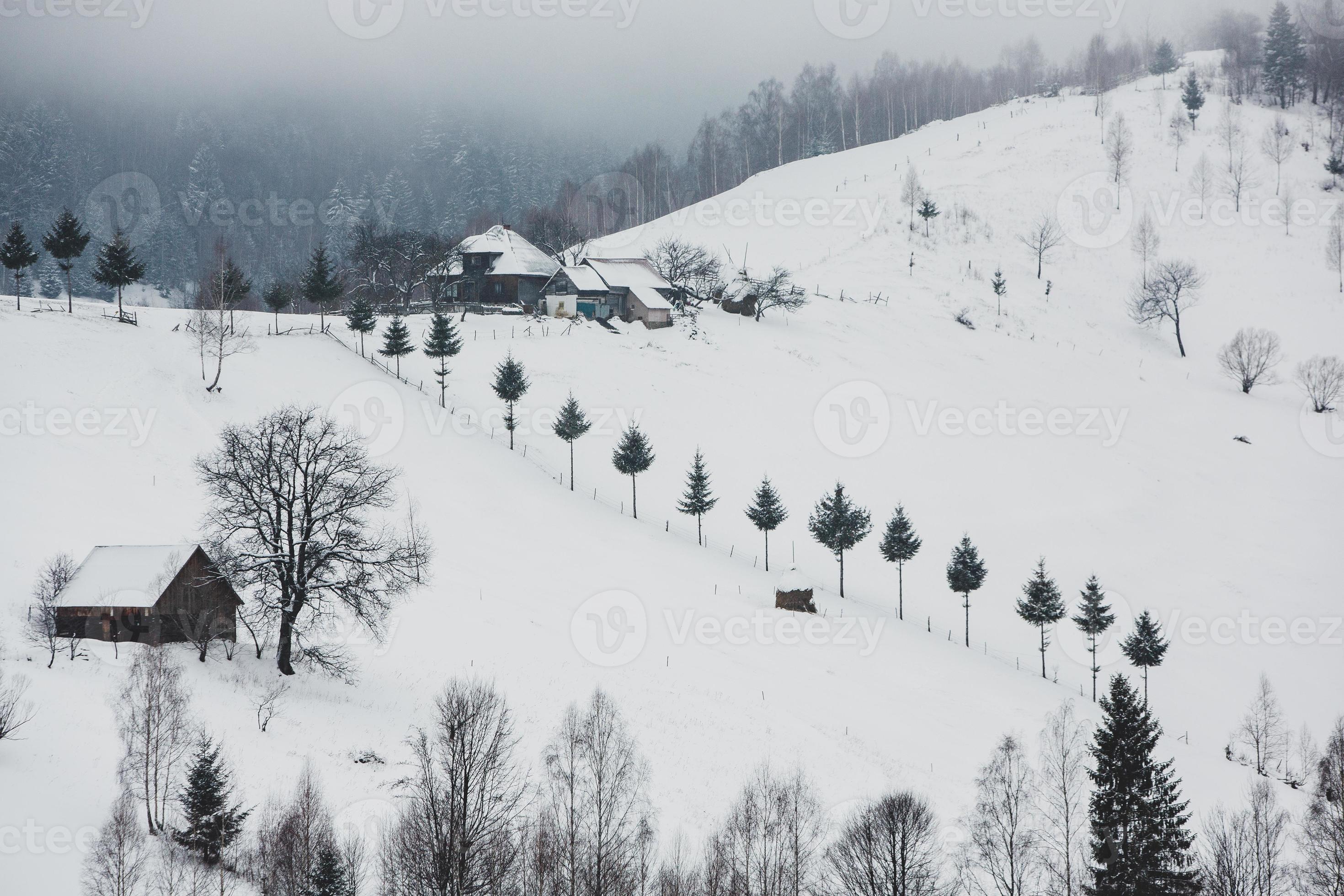 An abundant snowfall in the Romanian Carpathians in the village of