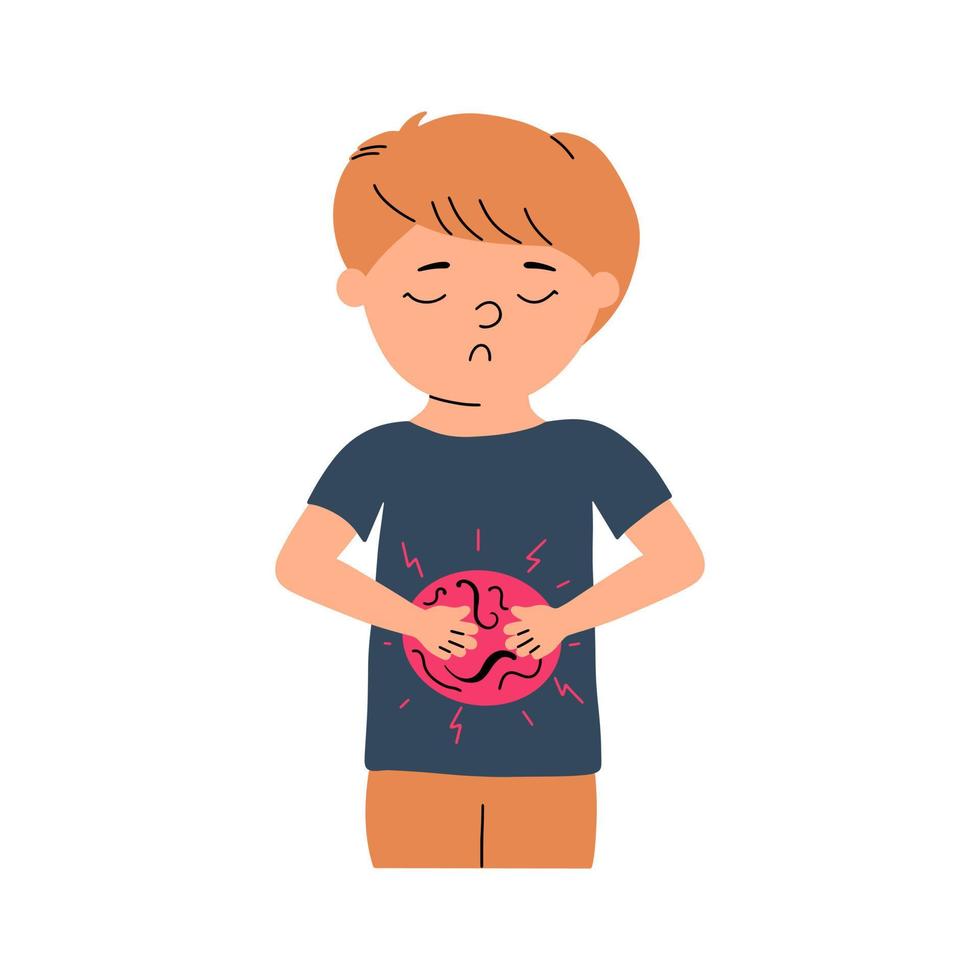 Worms in a child. Symptom of parasite infestation in a little boy. Vector illustration in flat style