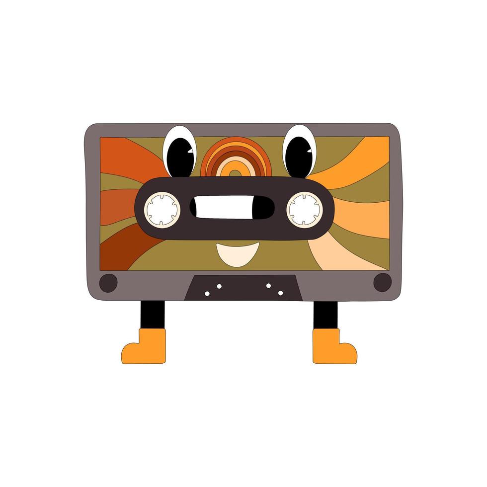 Retro hippie audio cassette character, in 70s, 80s style. Vector illustration in a flat style.