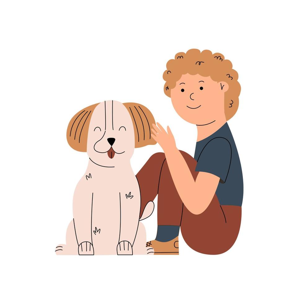 The boy sits and strokes the puppy's head. Friendship between child and dog. Vector illustration in flat style