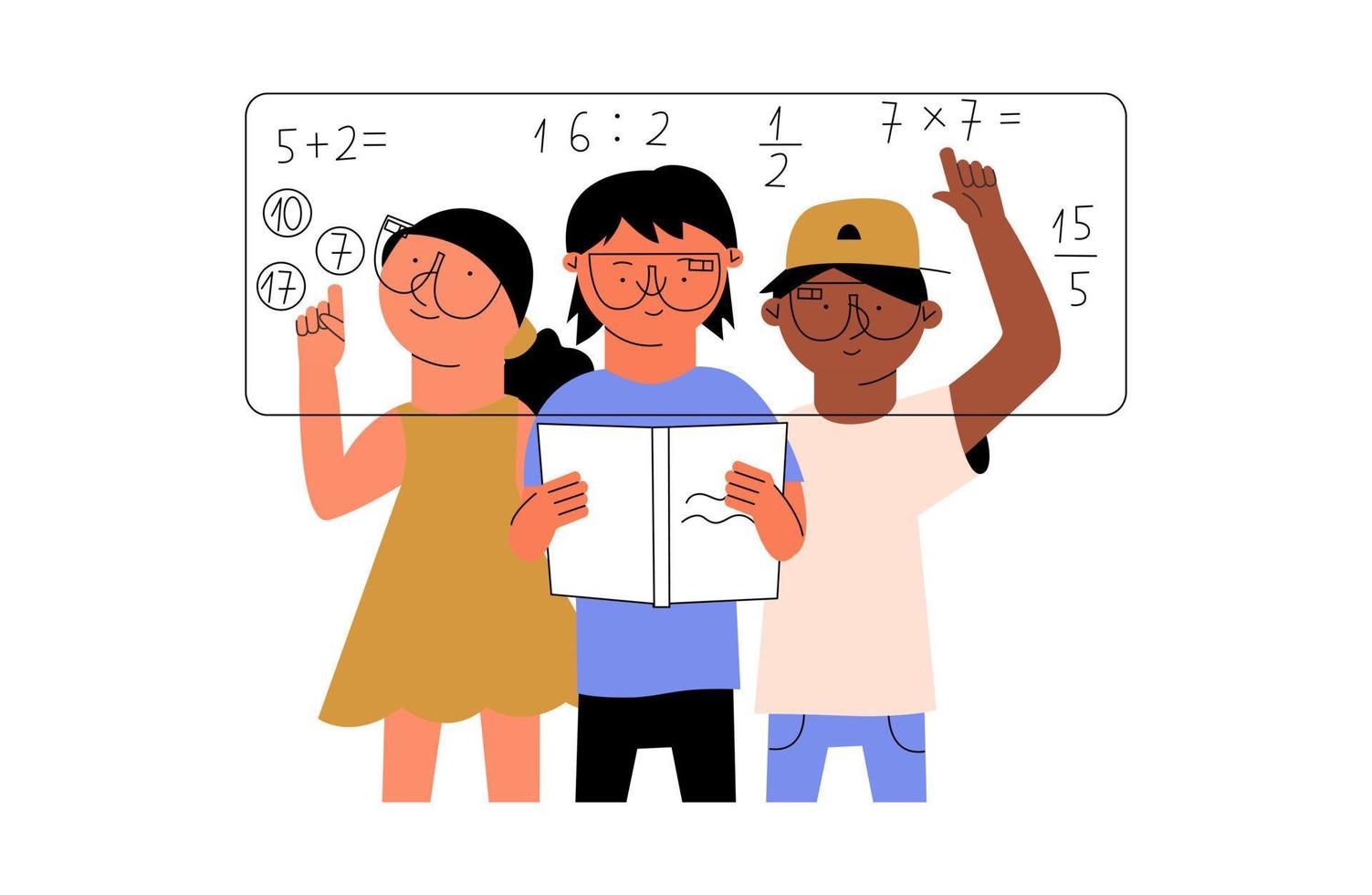 The concept of teaching children with the help of augmented reality. Boys and a girl solve a mathematical problem in AR glasses. Vector illustration in flat style