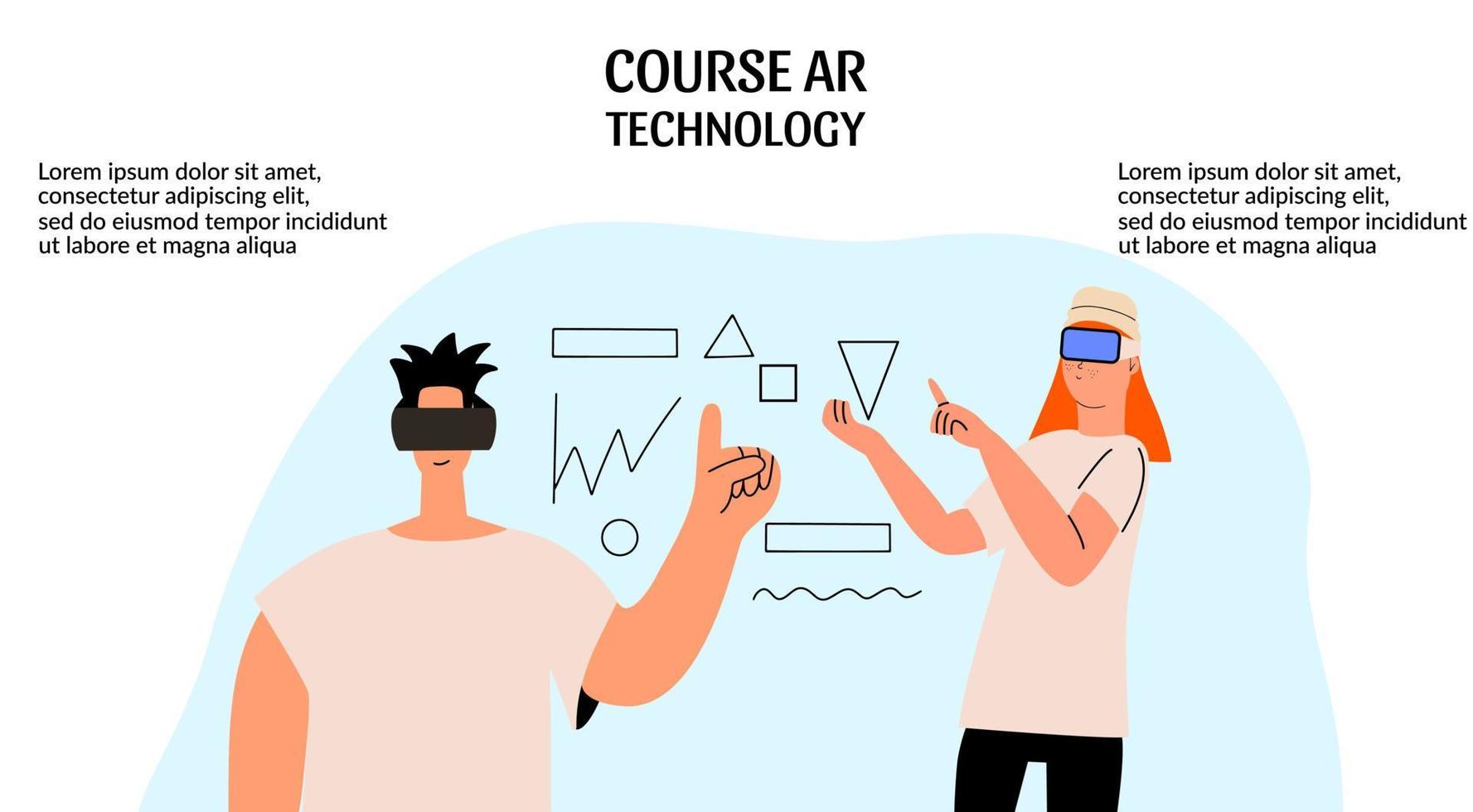 People wearing virtual reality glasses. Teamwork using VR technologies. Vector illustration in a flat style. Banner, landing page, website template design.