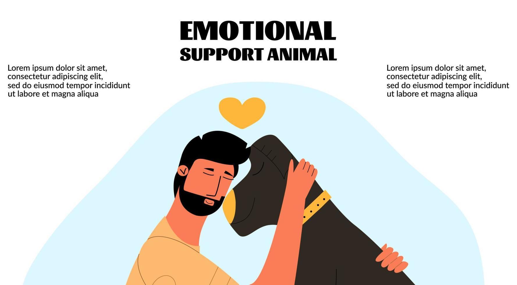 el concepto de animal de apoyo emocional. el hombre abraza a los animales. terapia mental positiva. plantilla, pancarta. ilustración vectorial vector