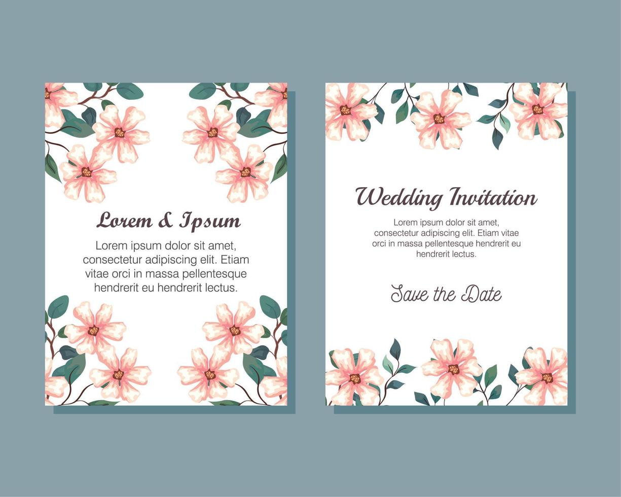 tarjetas de felicitación con flores, invitaciones de boda con flores con decoración de ramas y hojas vector