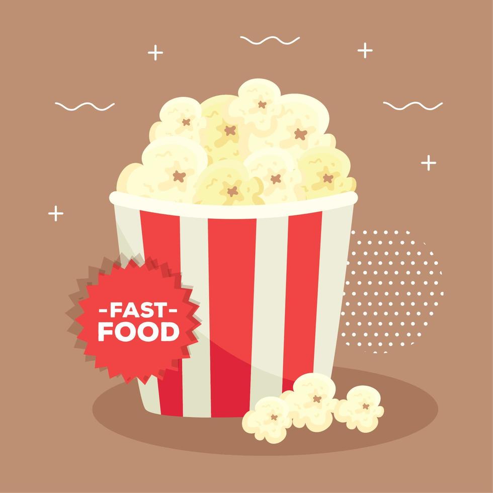 fast food poster, with popcorn in red and white stripes package vector