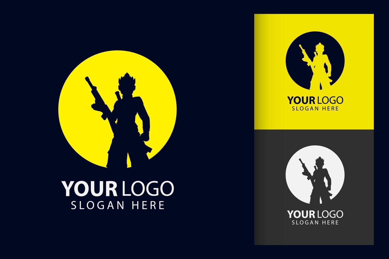 Samurai hold rifle gun logo in cyberpunk. Colorful symbol template design with soft background. Abstract vector branding.