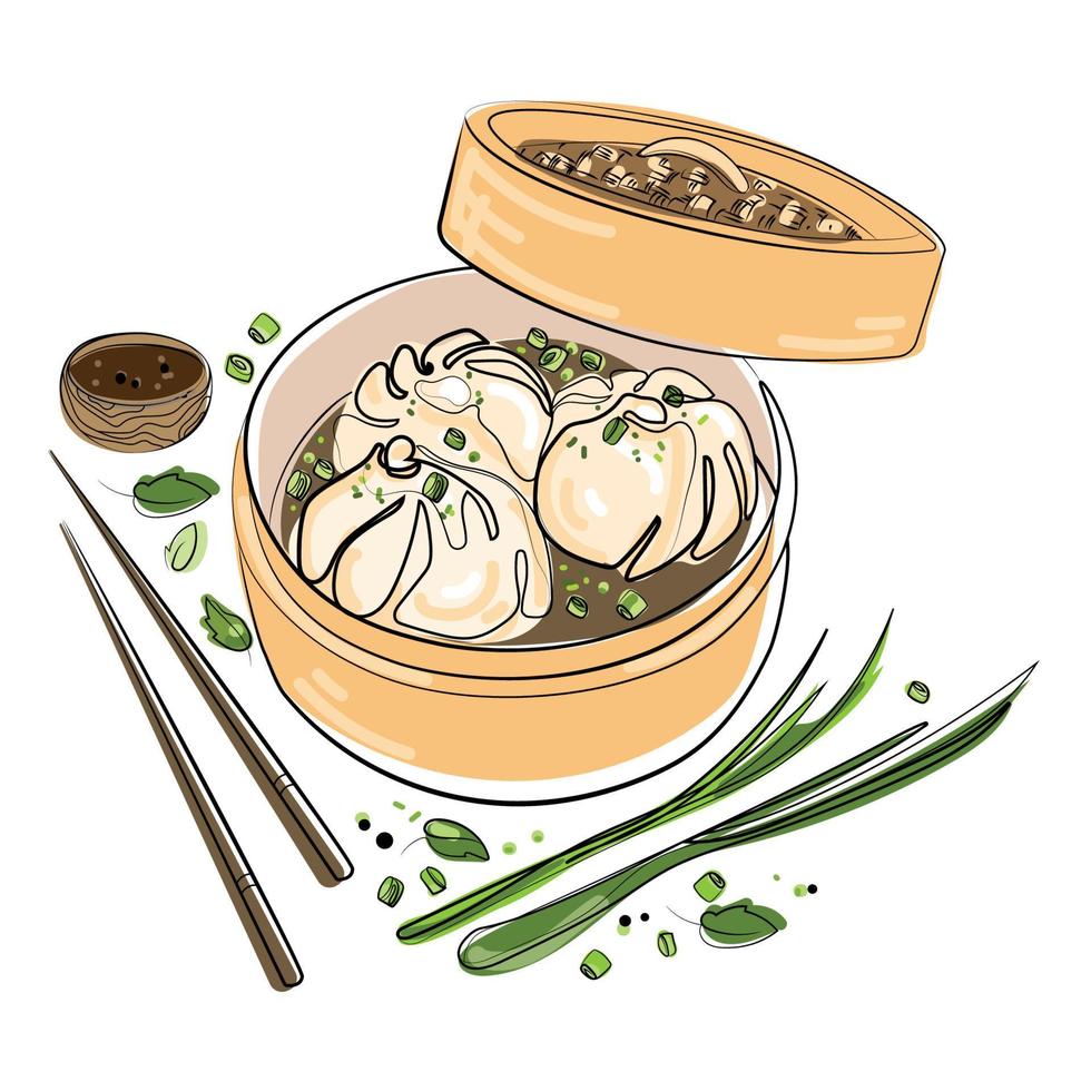 Chinese Dim Sum dumplings in wooden steamer Vector color liner illustration isolated on white background.Asian traditional food dumplings logo,banner,poster,emblem template.Chinese meals menu concept