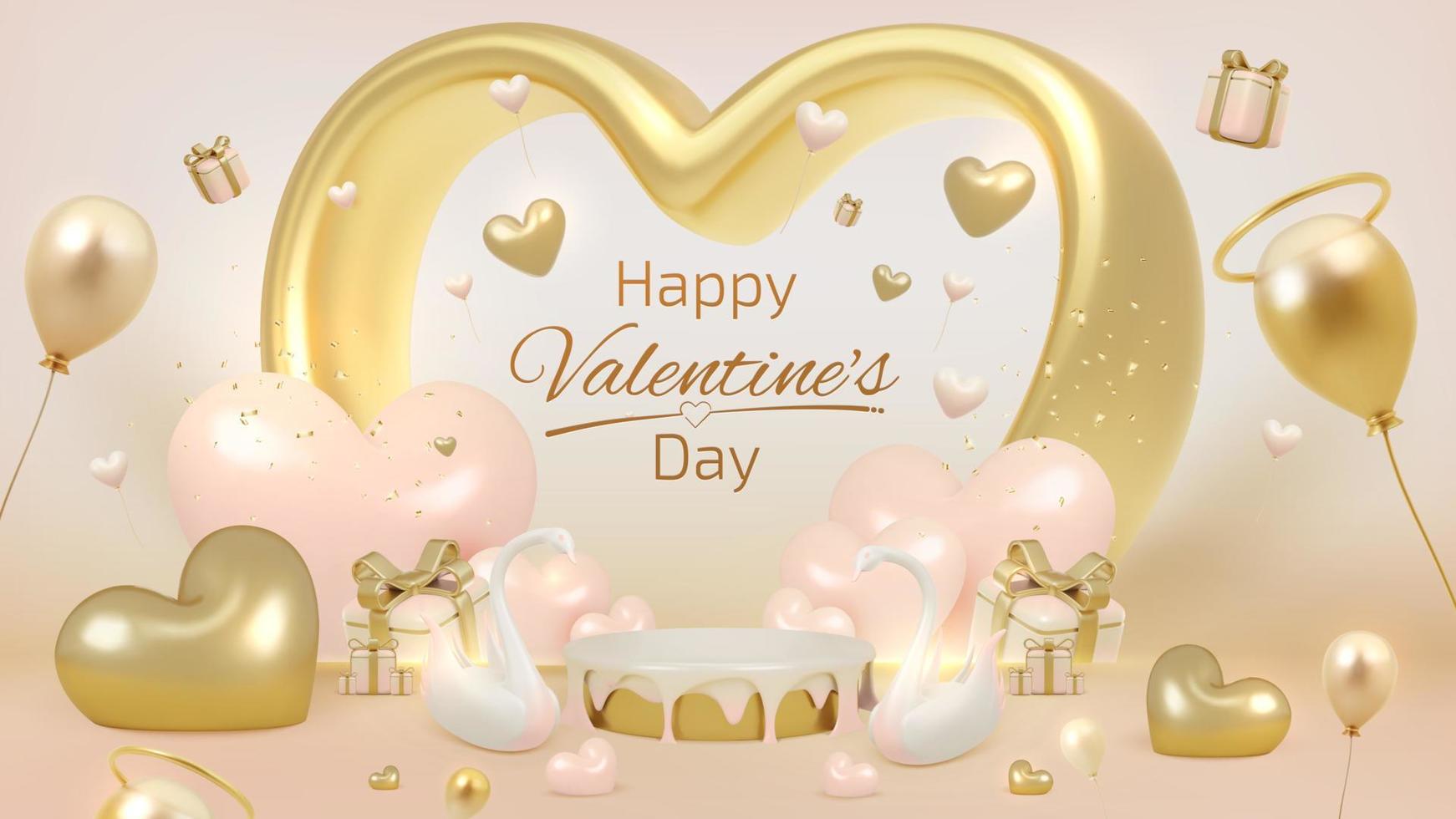 Product display stand with 3d Valentines day ornament. Elegant style discount template background design. vector