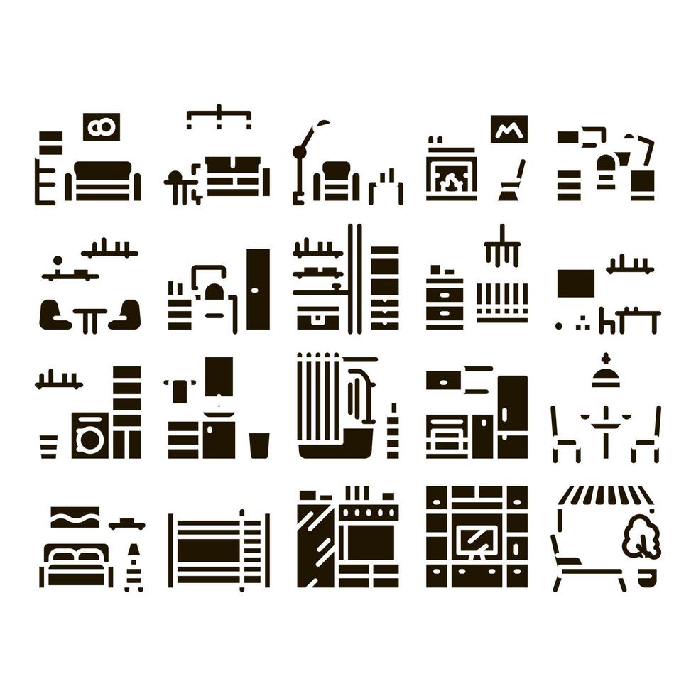 Home Rooms Furniture Glyph Set Vector
