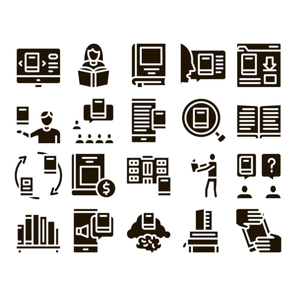 Reading Library Book Glyph Set Vector