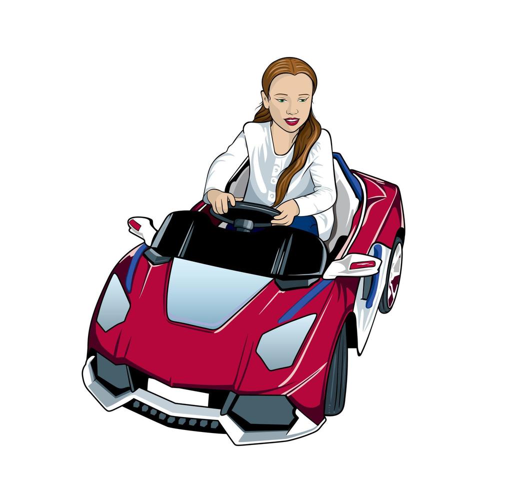 niña en un coche eléctrico para niños en rojo y blanco con rayas azules vector