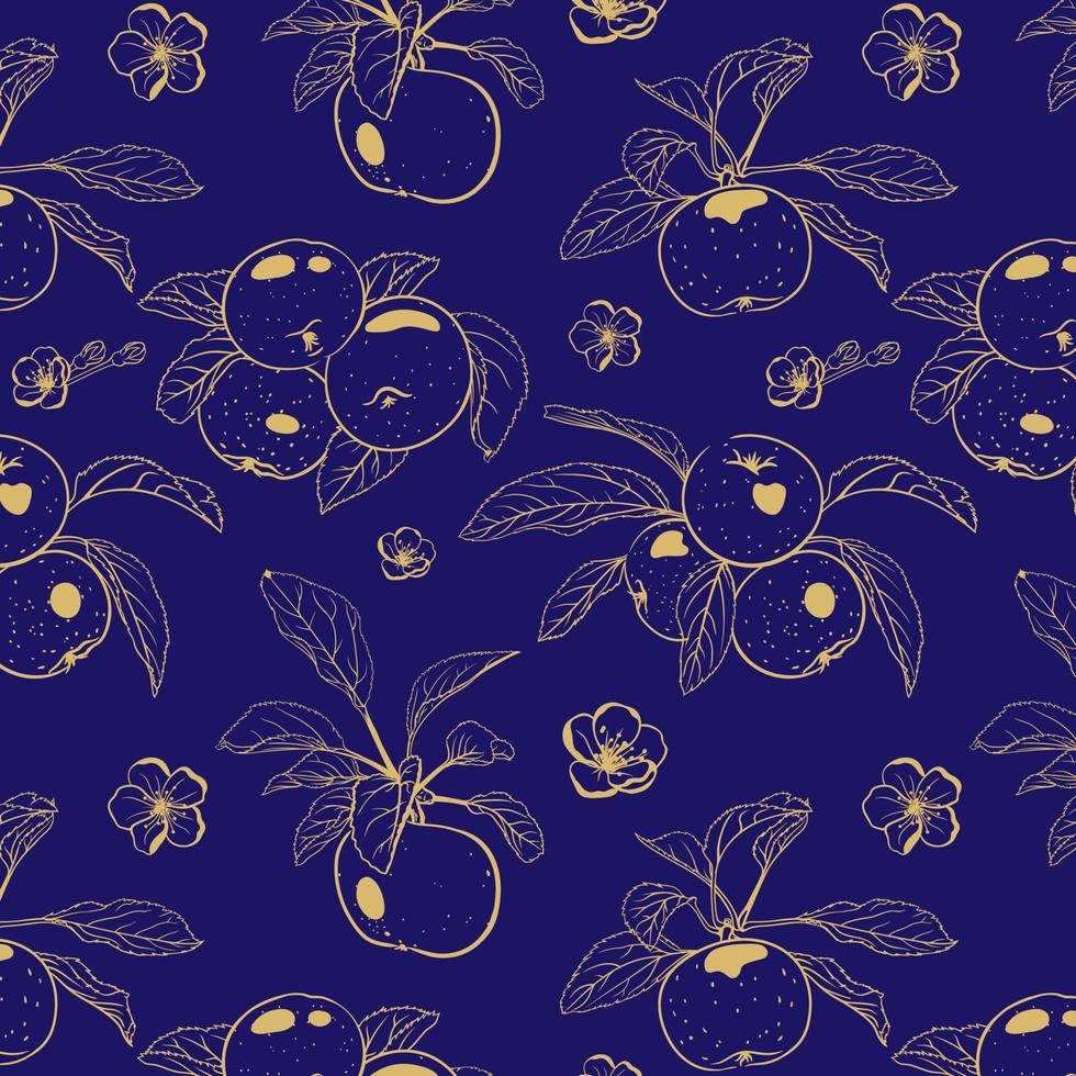 patrón sin costuras de manzanas doradas de contorno sobre un fondo de cobalto. fondo azul vector