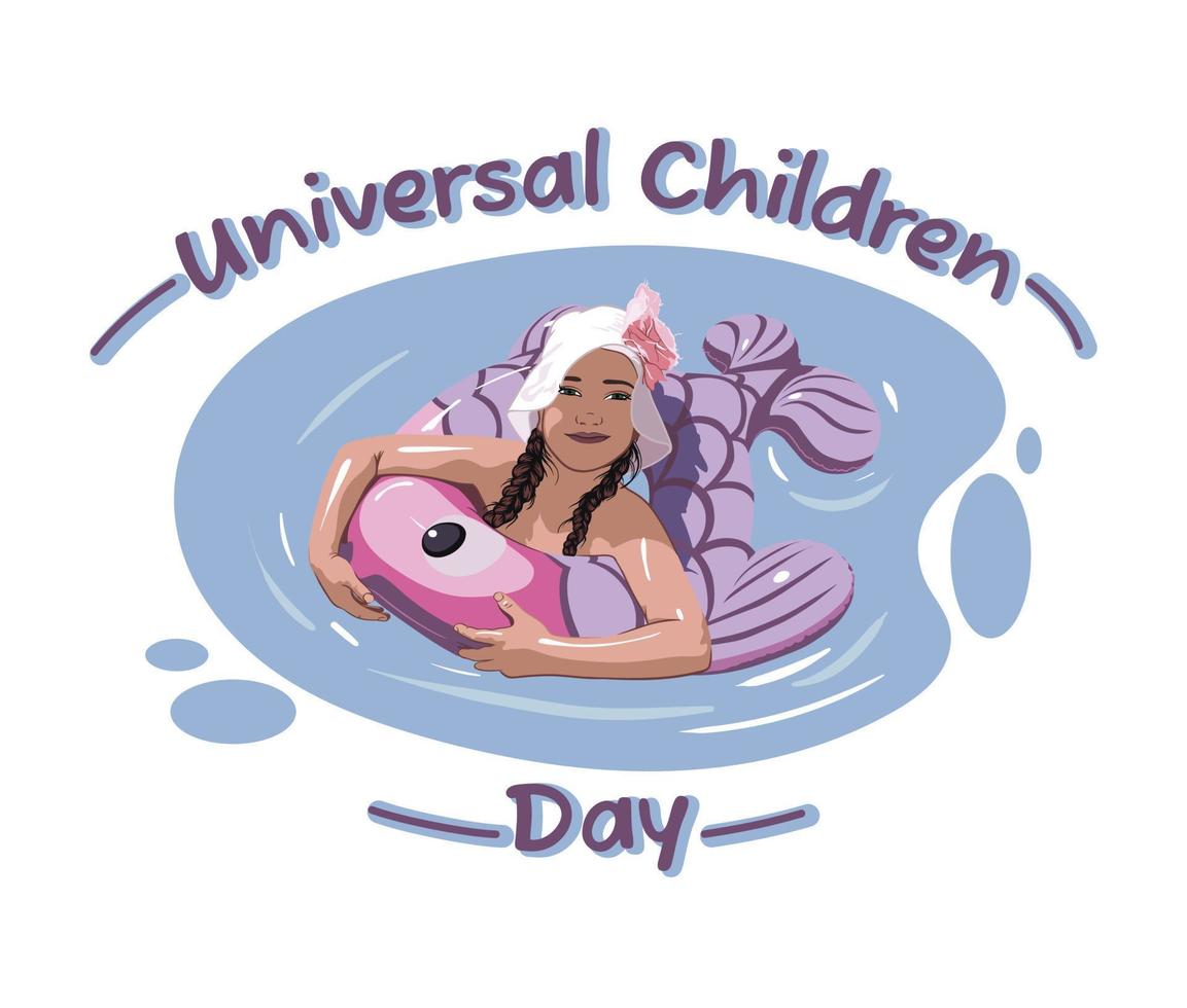 cute little girl swims in the water in an inflatable circle as a fish. Positive colorful illustration of children's holiday vector