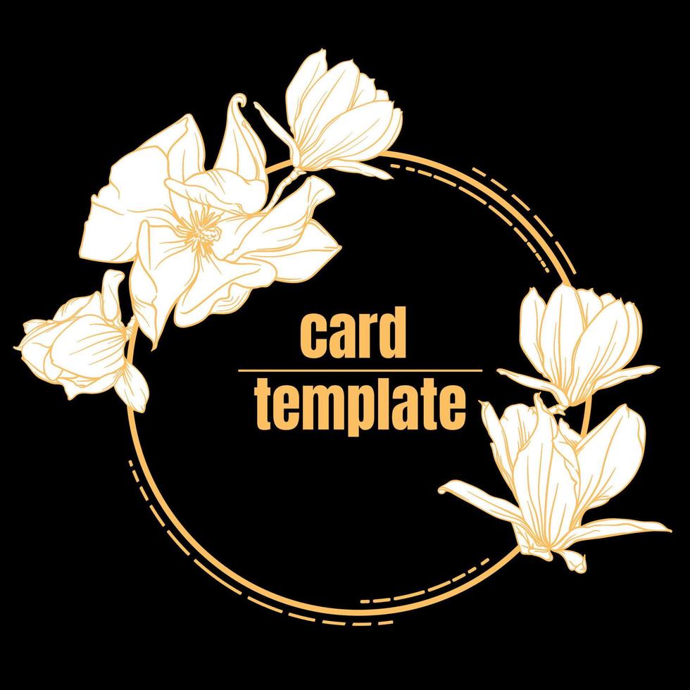 idea de tarjeta de invitación, plantilla de tarjeta, idea de logotipo con elementos florales. marco dorado con flores de magnolia blanca dibujadas en un contorno dorado sobre un fondo negro vector
