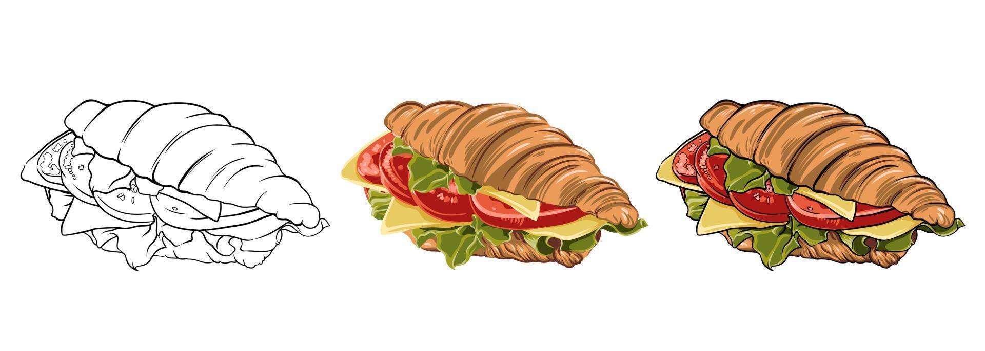 conjunto vectorial de sándwiches croissants dibujados a mano, dibujando en contorno y en color. ilustración vectorial de alimentos vector