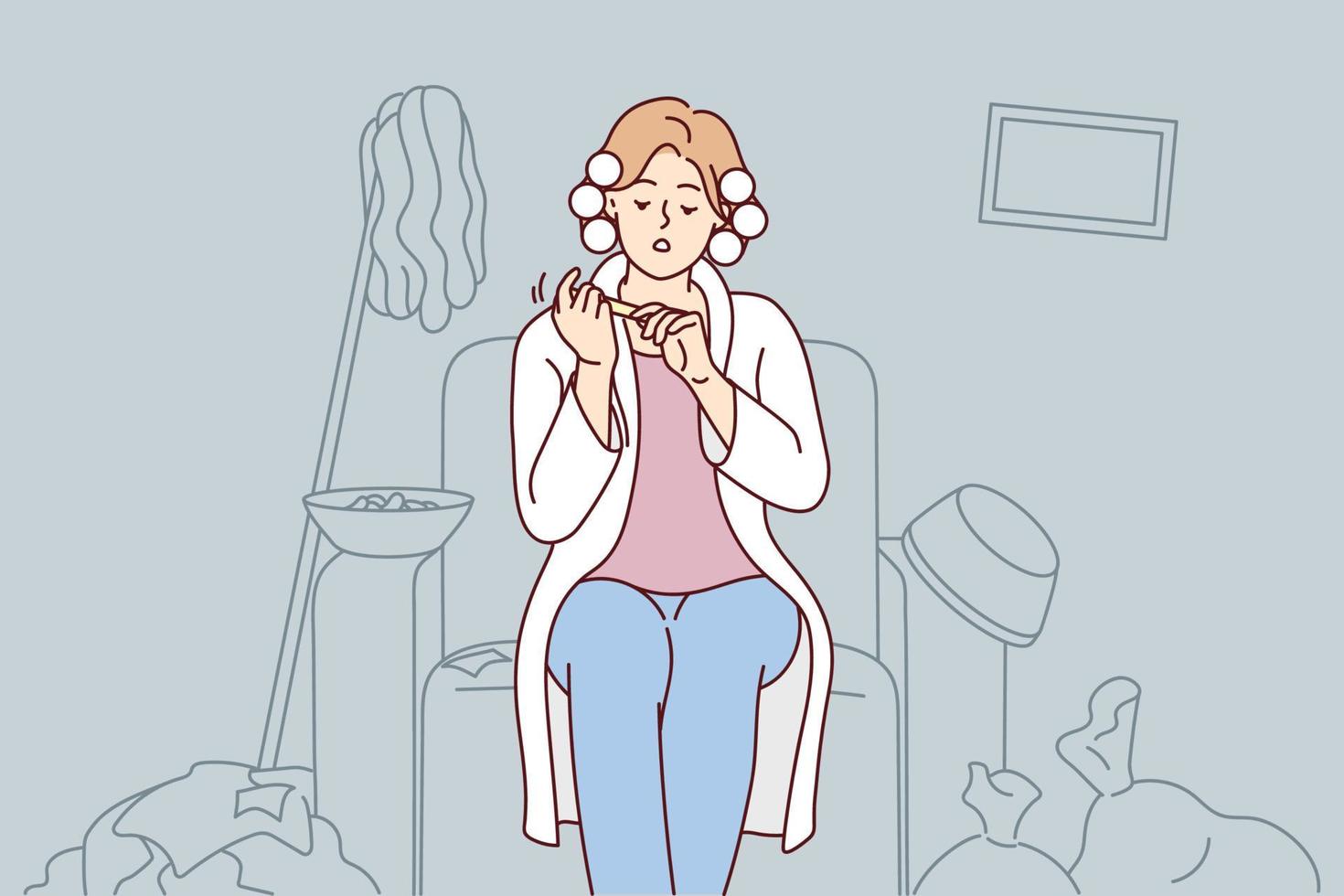 Carefree woman with curlers on hair sits on armchair taking care of nails ignoring garbage in apartment. Lazy girl does not want to clean up is resting in house with mess. Flat vector design