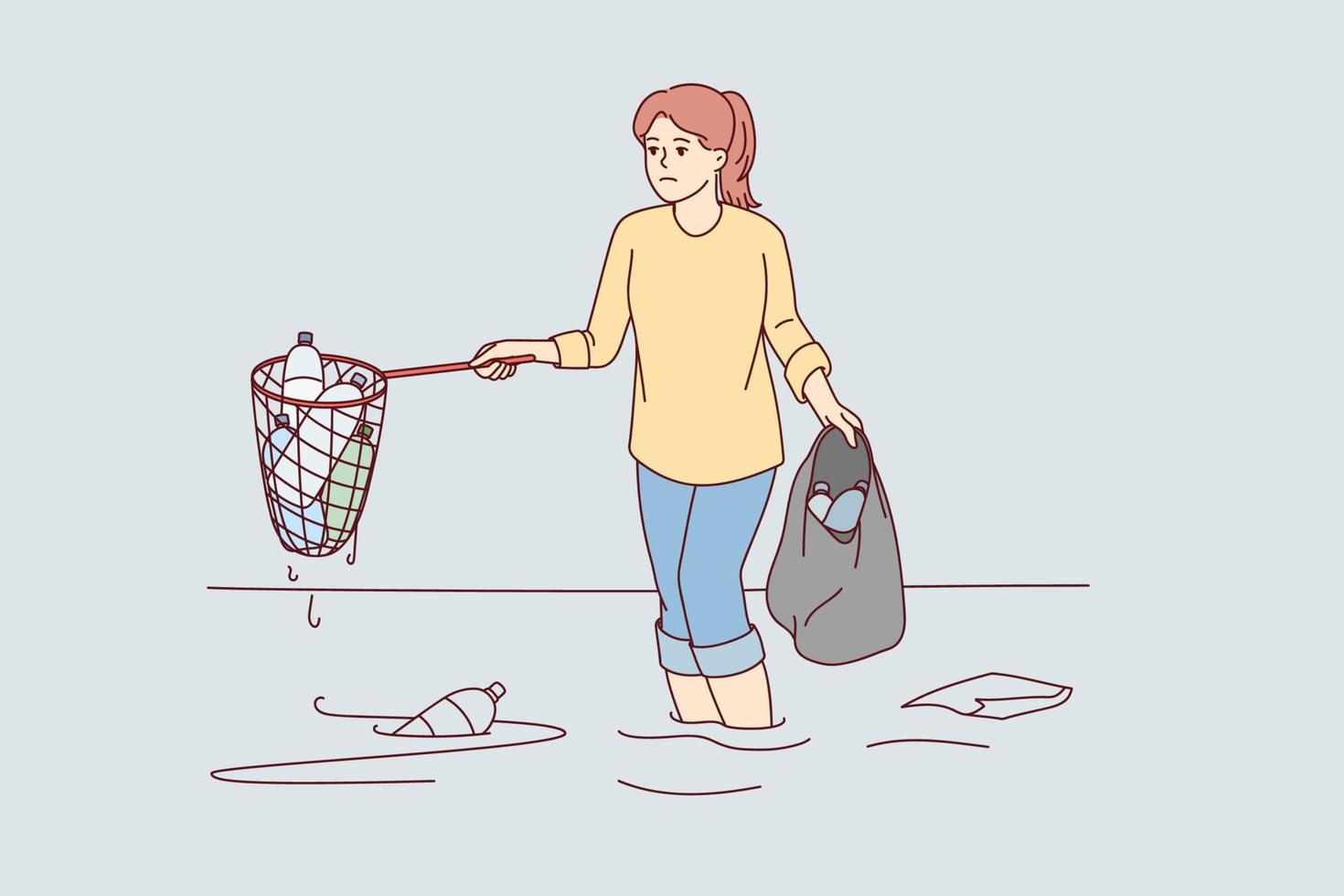 Sad woman cleans ocean of plastic garbage by pulling out bottles using scoop-net. Girl eco activist and volunteer to take care of nature puts garbage thrown into sea into bag. Flat vector design