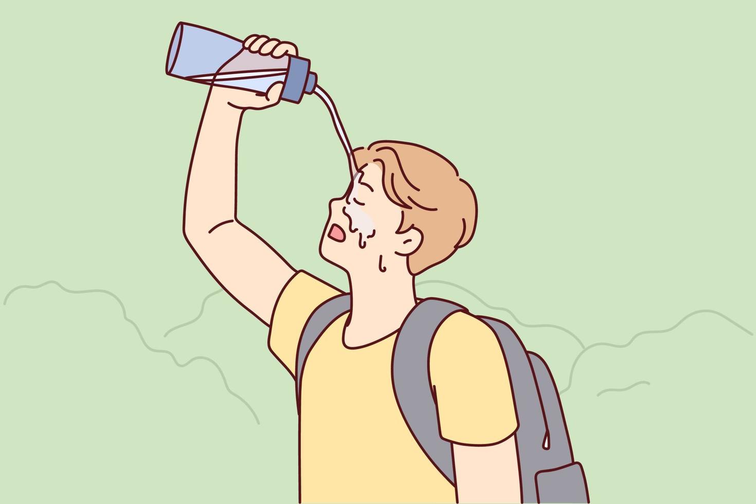 Tired man tourist pouring water on face during long walk in nature in hot weather. Traveler guy with backpack on back exhaustively washes head on go to avoid sunstroke. Flat vector design