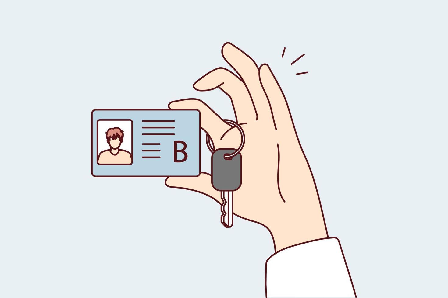 Category B car license with photo and truck ignition key in person hand. Guy boasts of drivers documents confirming completion of course in driving vehicle. Flat vector illustration