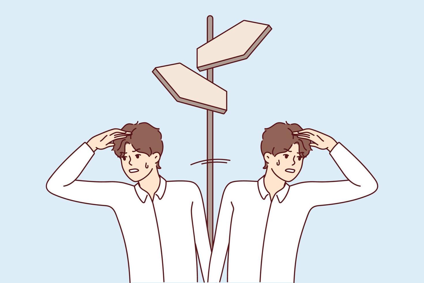 Two men stand at crossroads and look at different sides sweating because of need to make difficult decision. Concept search for opportunities to overcome crisis in business. Flat vector design